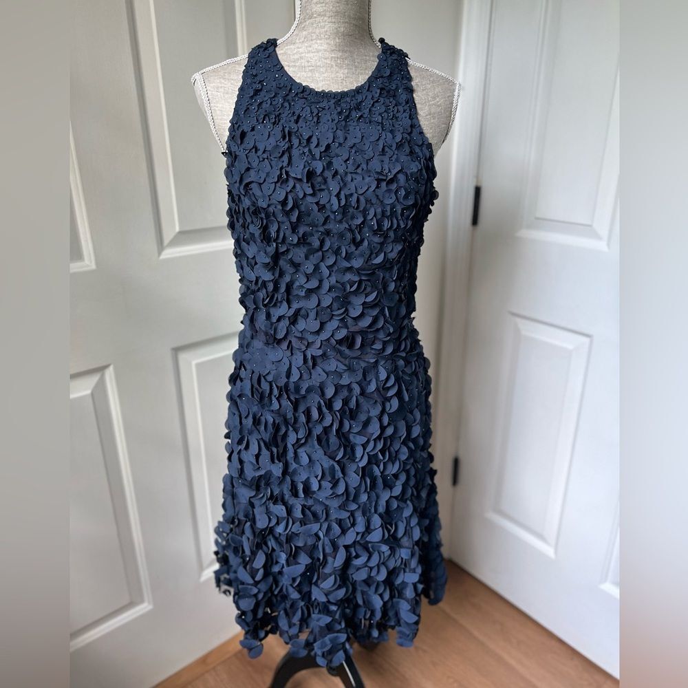 Theia Appliqué Sleeveless Petal Dress Navy Blue Size 8